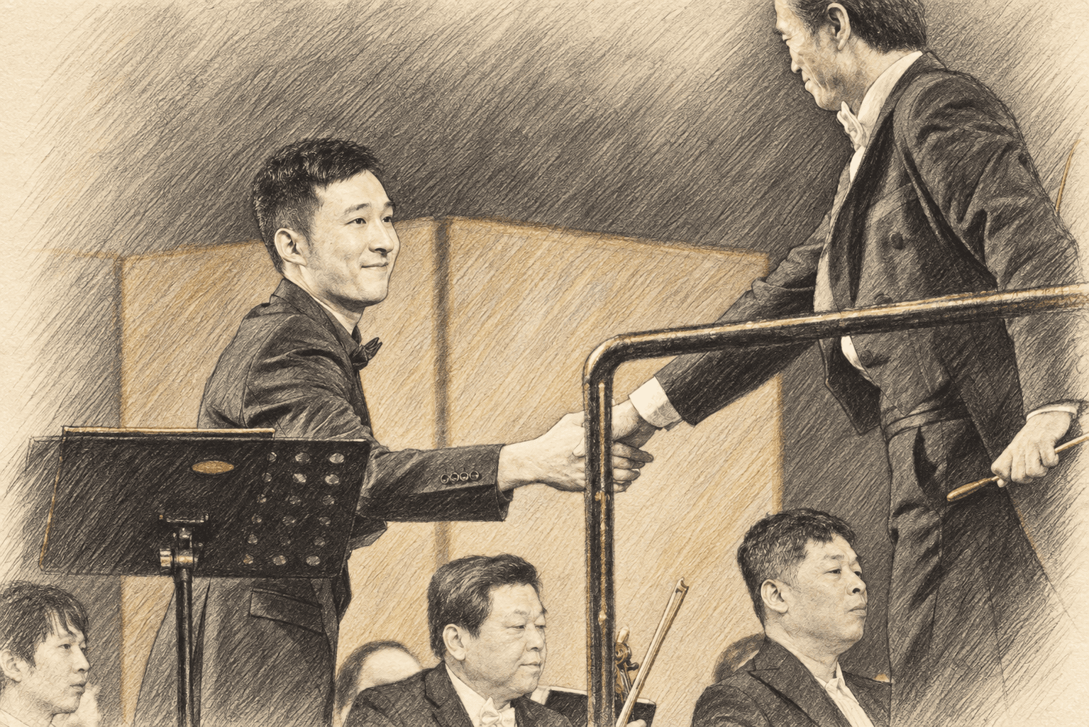 Ray Wu shaking hands with the conductor after performing Glière’s Horn Concerto