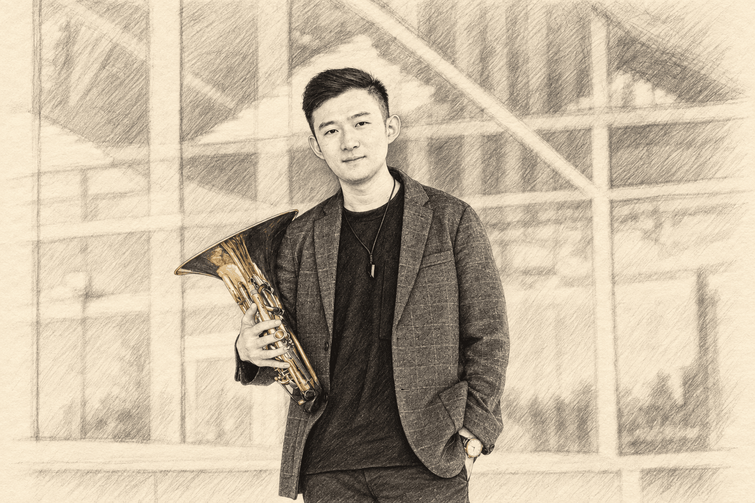 Portrait of Ray Wu holding his French horn